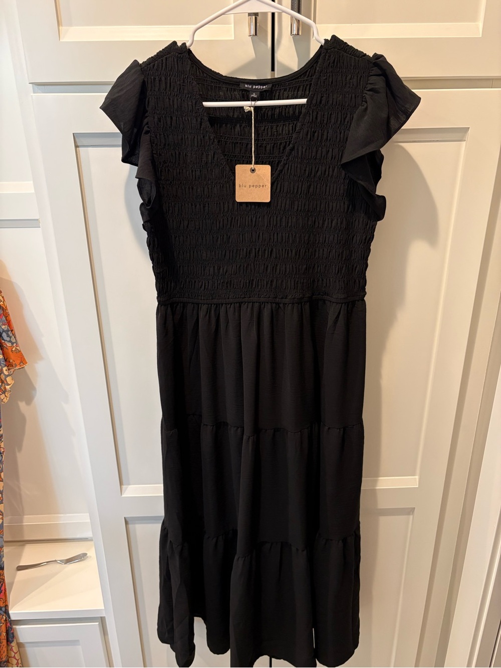 Blu Pepper Black Smocked V-Neck Tiered Midi Dress with Flutter Sleeves